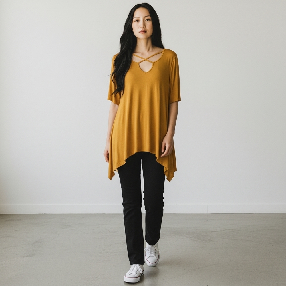 Spin USA Women's Mustard‎ Knit Criss Cross Front Asymmetrical Hem Tunic Size 2XL